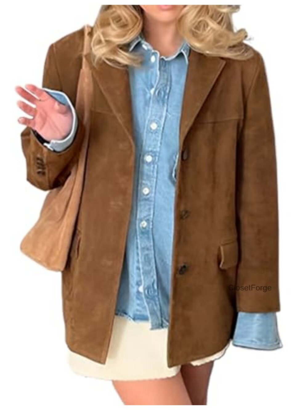 Oversized Faux Leather Blazer Jacket Notch Collar Mid-Length Business Casual